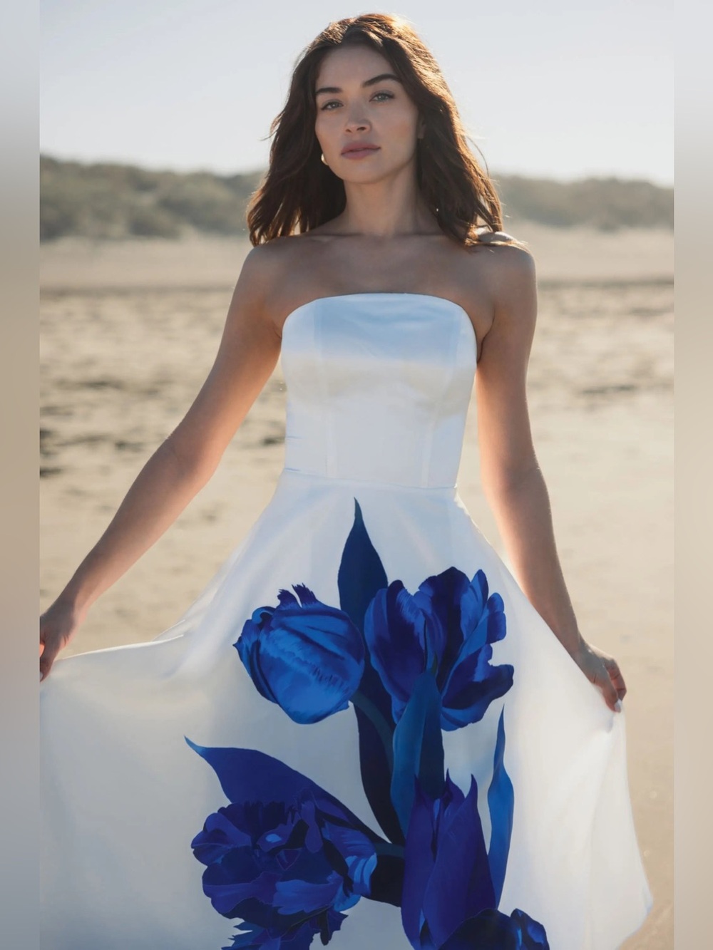 IEENA FOR MAC DUGGAL
White Strapless Satin Midi Dress With Flower Print - Picture 13 of 13